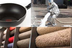 What are PFAS? Collection of products containing PFAS. Non-Stick pan, stain resistant fabric, fire fighting foam