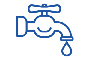 Blue line icon of water faucet with water droplet.