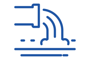 blue line icon of wastewater spilling from pipe