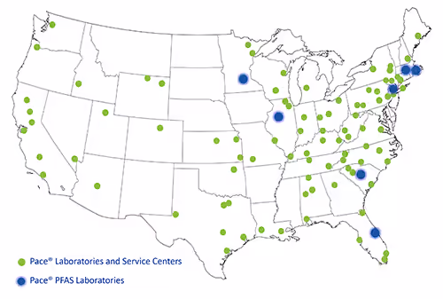 United States Map with locations of Pace® Laboratories and Service Centers noted with a green dot, and PFAS Centers of Excellence noted with a blue dot. Pace ® PFAS Testing Services